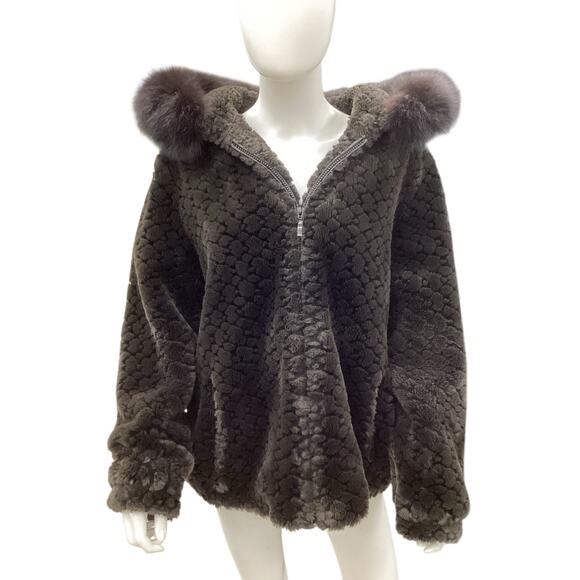 Gallery Bomber Jacket Women’s SZ M Faux Fur With Genuine Fox Fur Hood Trim Brown - Picture 1 of 6